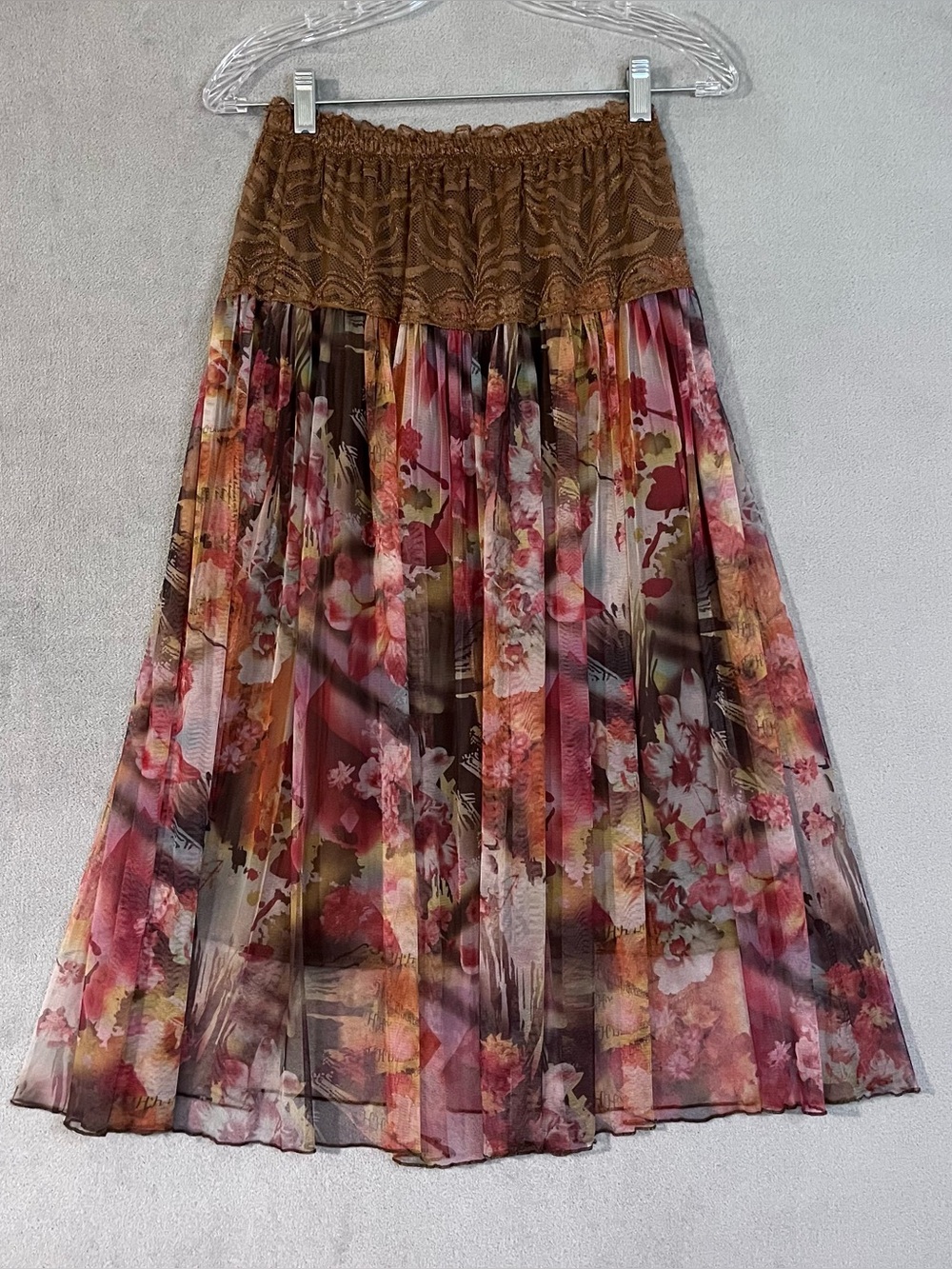 Bohemian Floral Mesh Lace Midi Skirt Autumn Colors Womens XS Lined